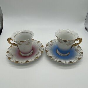 Vintage Set of Two Hand-painted Porcelain Demitasse Cup and Saucer